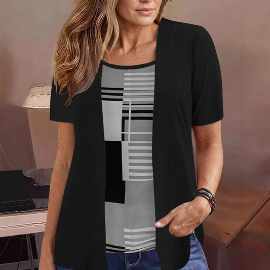 Top Casual Donna a Blocchi di Colore con Strati e Modello Aperto
