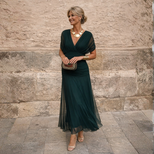 Elegante Abito Midi Plissettato Verde Militare da Donna