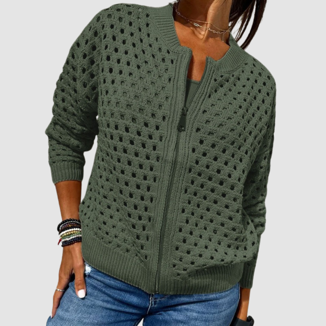 Yarona - Cardigan lavorato a maglia chic con zip e dettagli traforati