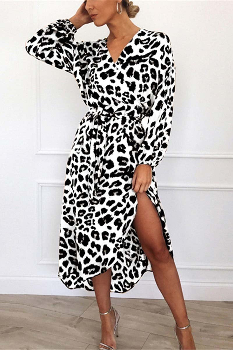 Chelsi - Abito midi elegante con scollo a V e cintura leopardata