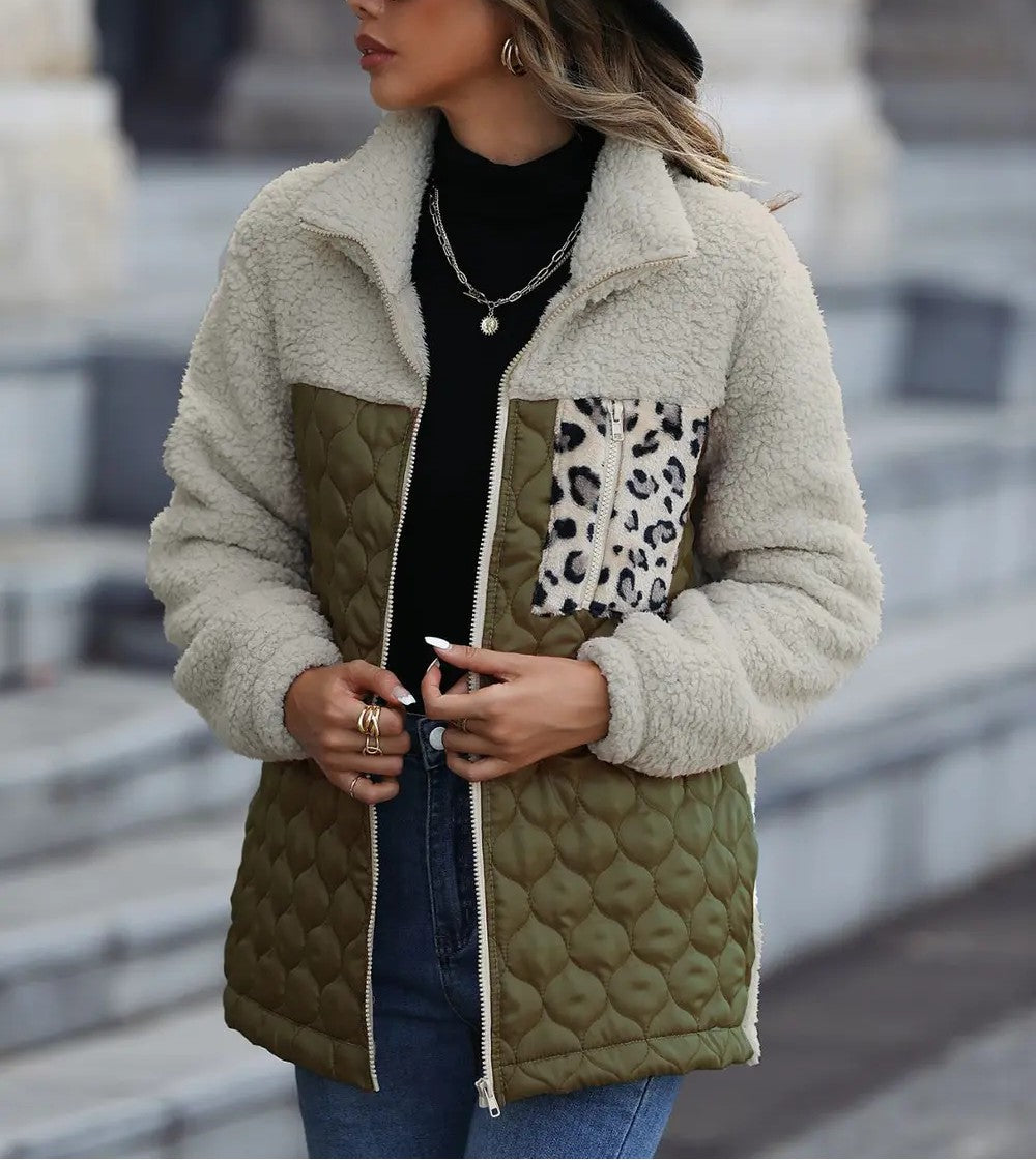 Yvessa - Giacca calda leopardata color block con zip