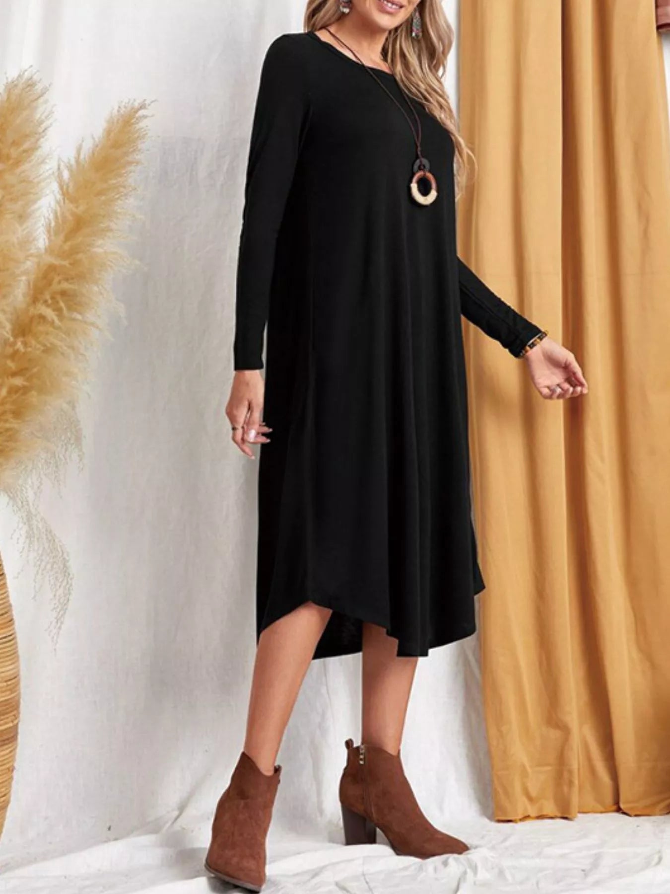 Livie - Abito midi casual a maniche lunghe con tasche