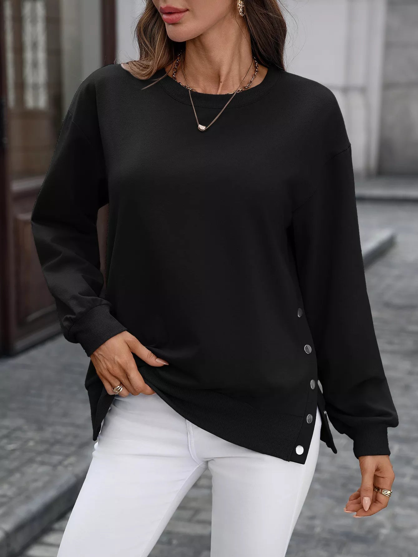 Zabina - Maglione casual e ampio con bottoni laterali da donna