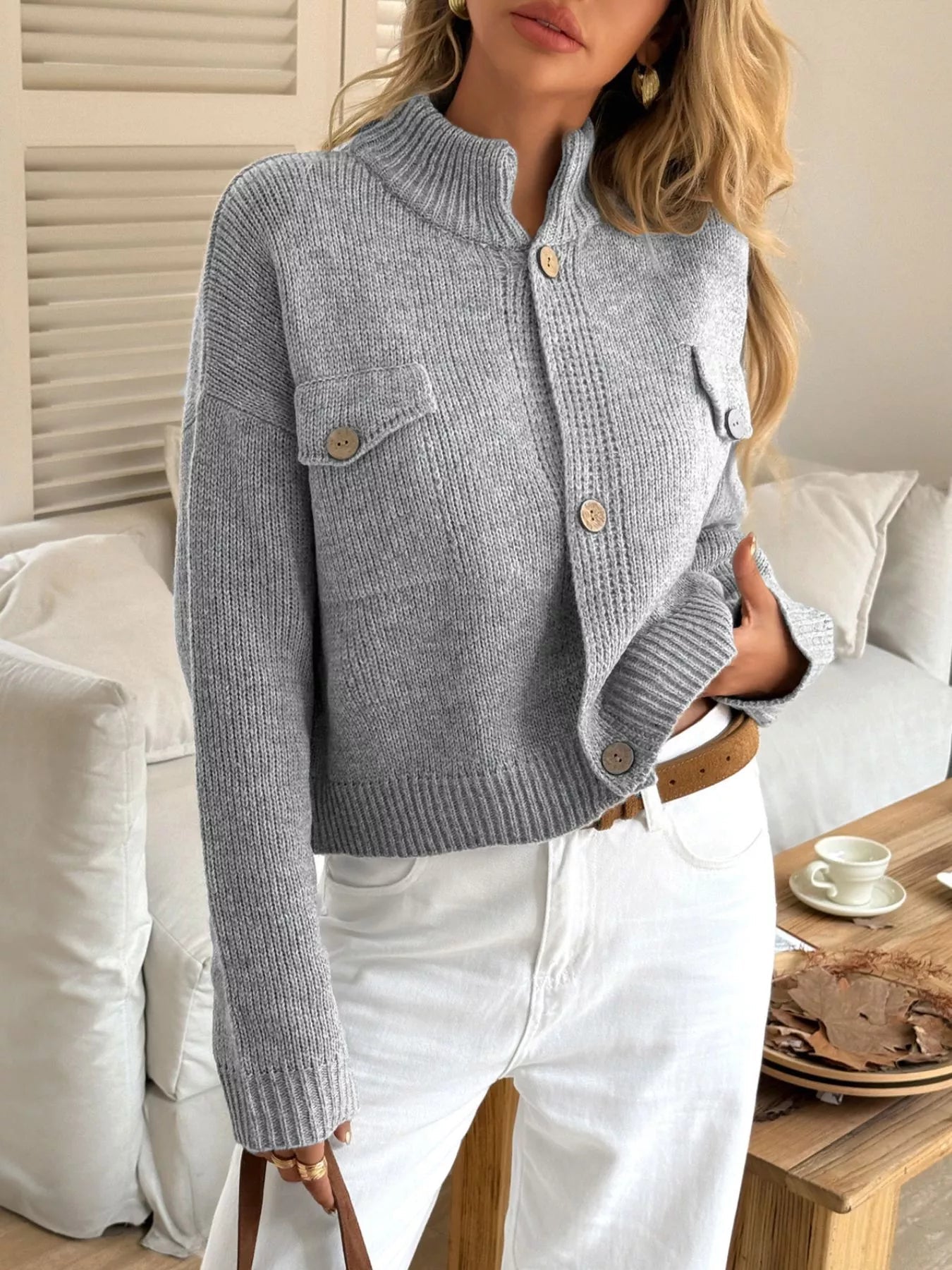 Vespera - Cardigan corto in maglia con bottoni caldo e accogliente