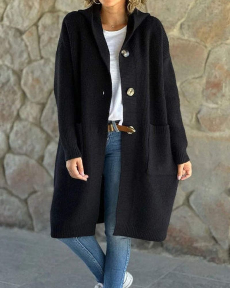 Tesslyn - Cappotto lungo casual lavorato a maglia con cappuccio