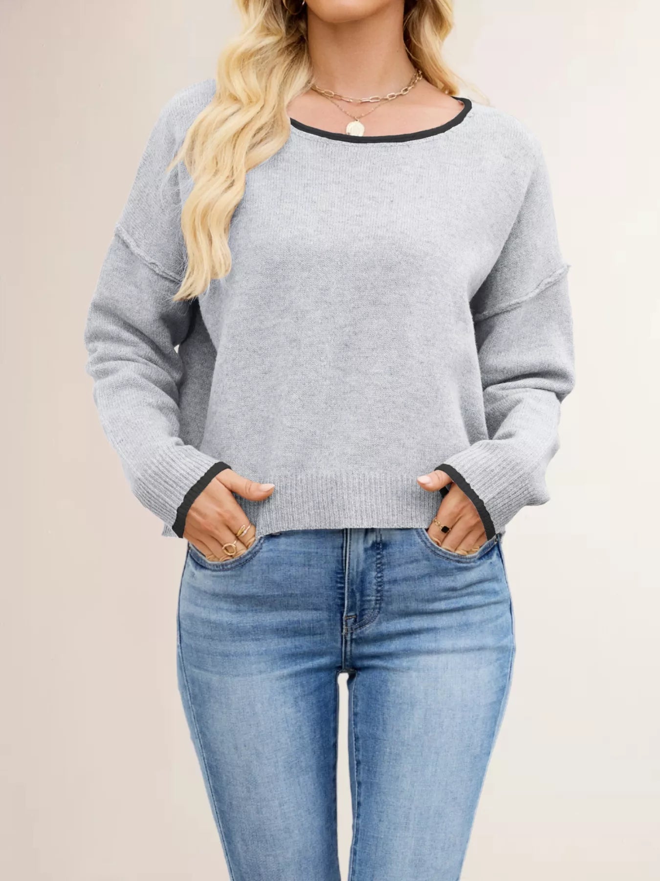 Waliyah - Maglione casual girocollo con spalle scese