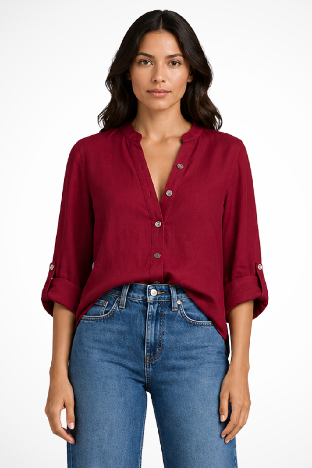 Blusa in Lino con Scollo a V e Bottoni da Donna