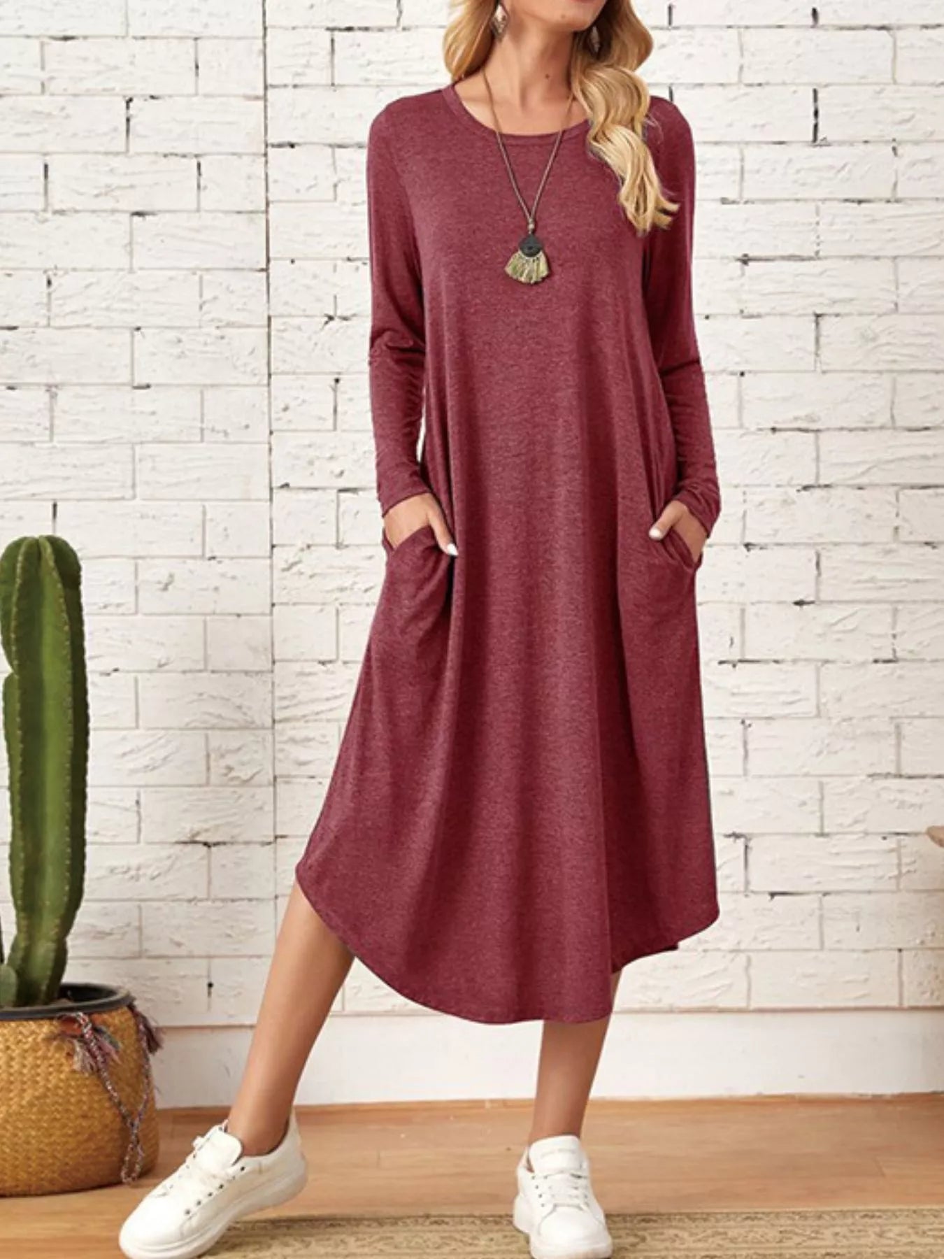 Livie - Abito midi casual a maniche lunghe con tasche