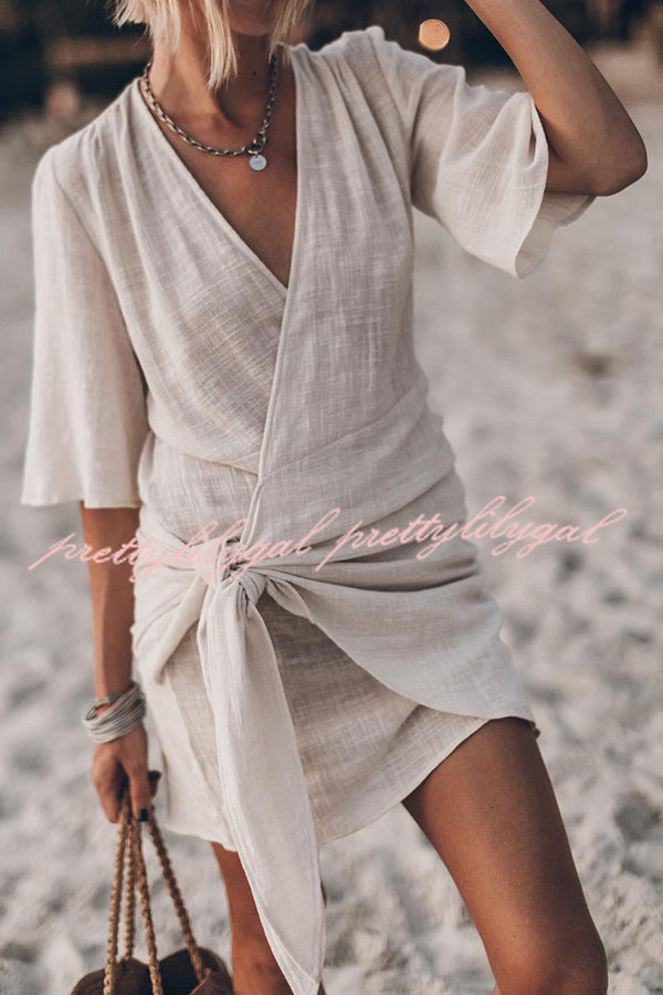 Helena - Mini Abito a Portafoglio Annodato in Misto Cotone e Lino Easy Breezy