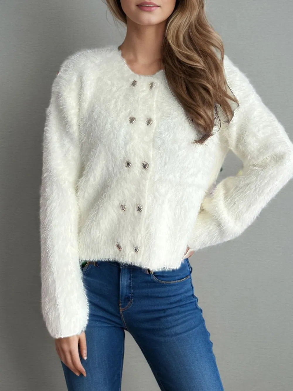 Zilena - Cardigan caldo elegante con bottoni a cuore e scollo tondo