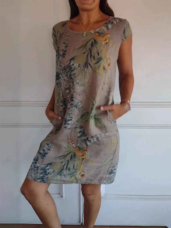 Vanessa - Abito girocollo in cotone e lino stampato per donna