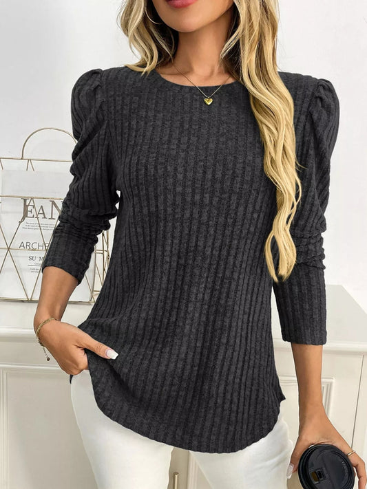 Yanna - Elegante felpa a maniche lunghe con girocollo e maniche a sbuffo a costine