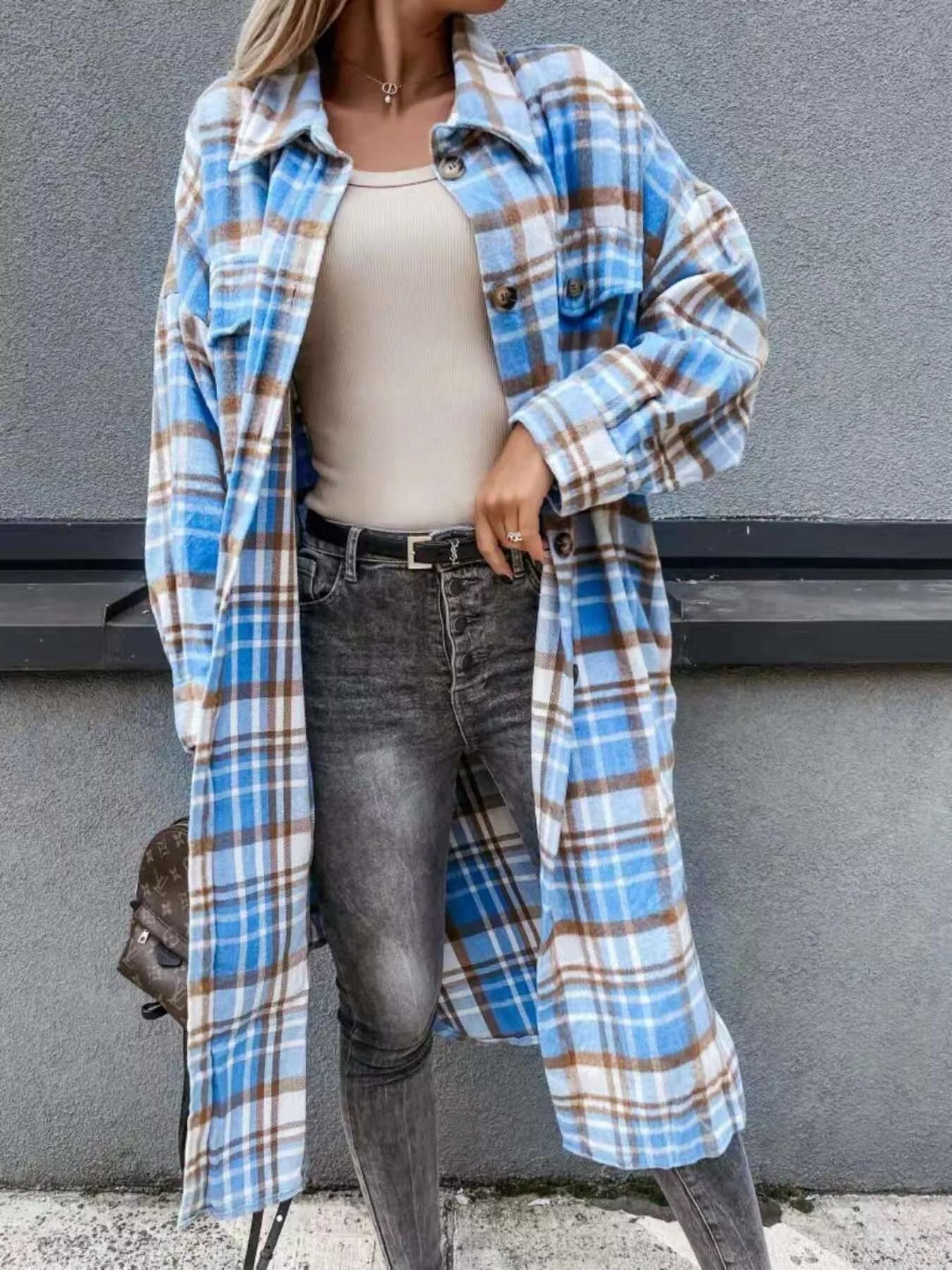 Valorie - Shacket lungo a quadri con bottoni e caldo comfort