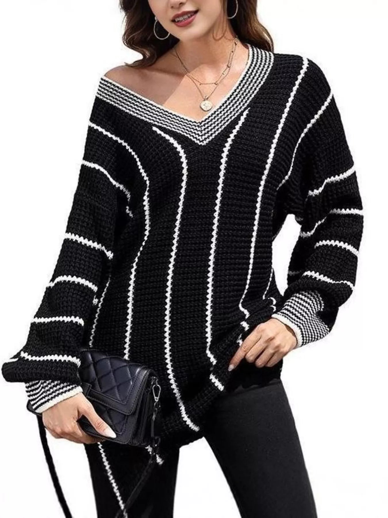Yazira - Maglione Casual Scollato a V in Maglia Testurizzata