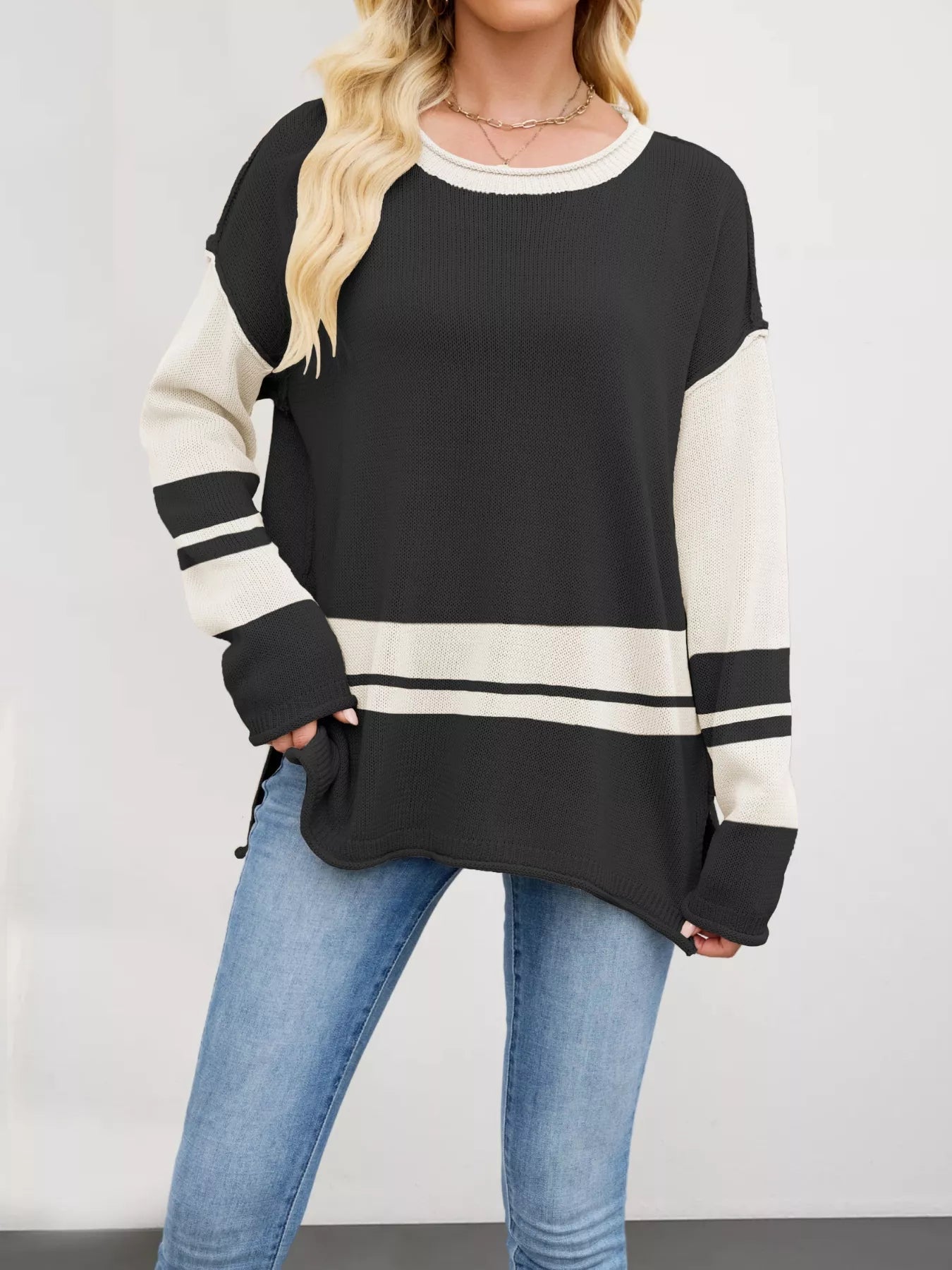 Wanda - Maglione loose elegante color block con spacchi laterali