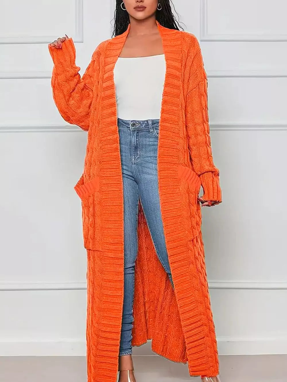 Zasha - Cardigan lungo casual in maglia a trecce con tasche