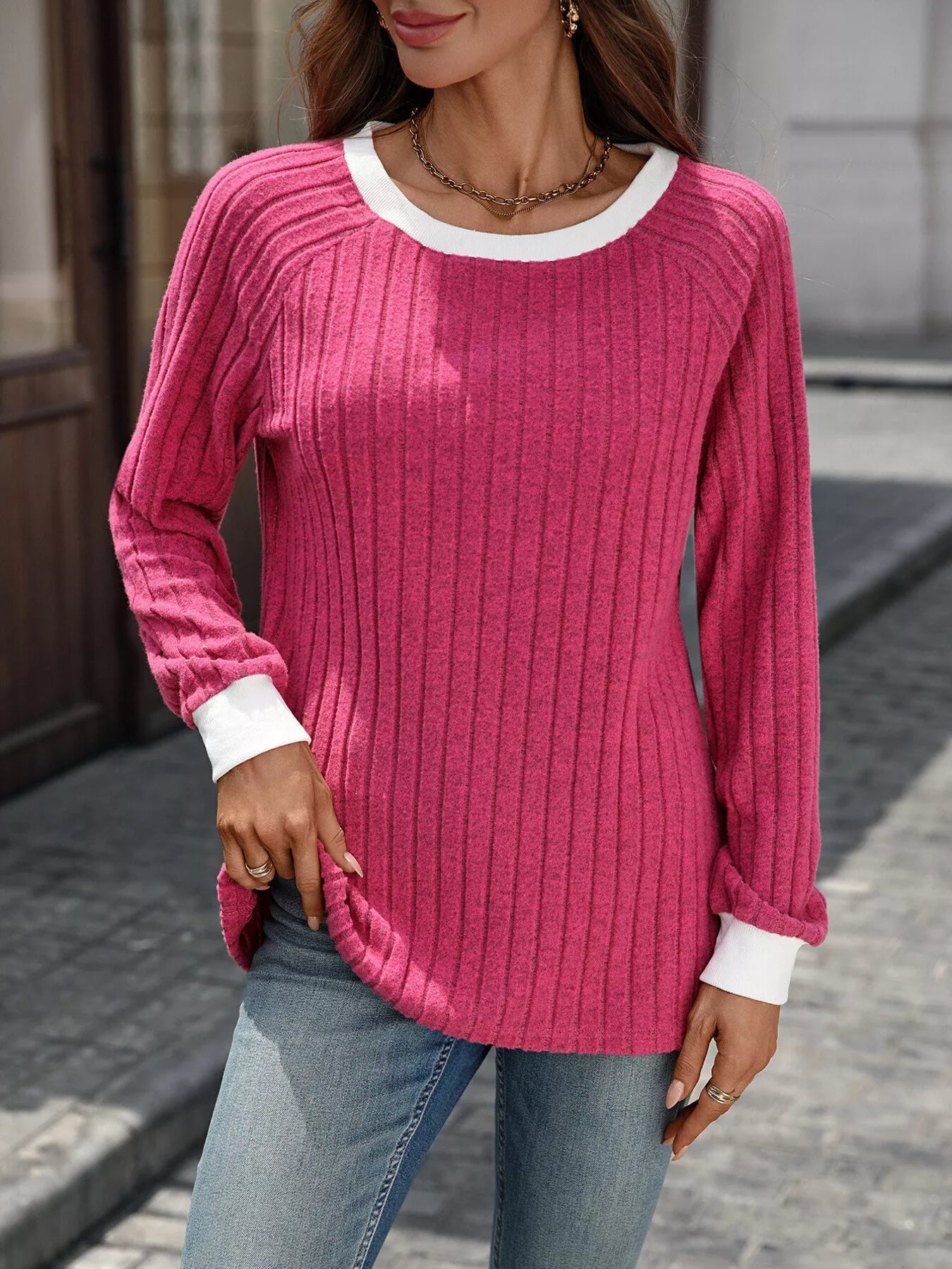 Alyanna - Maglione casual a girocollo in maglia a costine