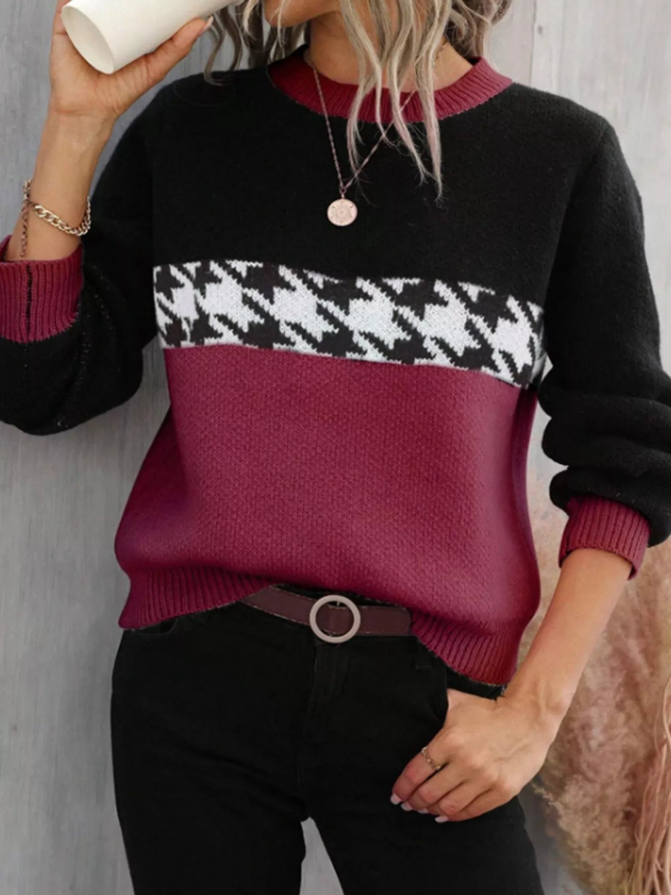 Lucie - Maglione casual a blocchi di colore con motivo pied-de-poule