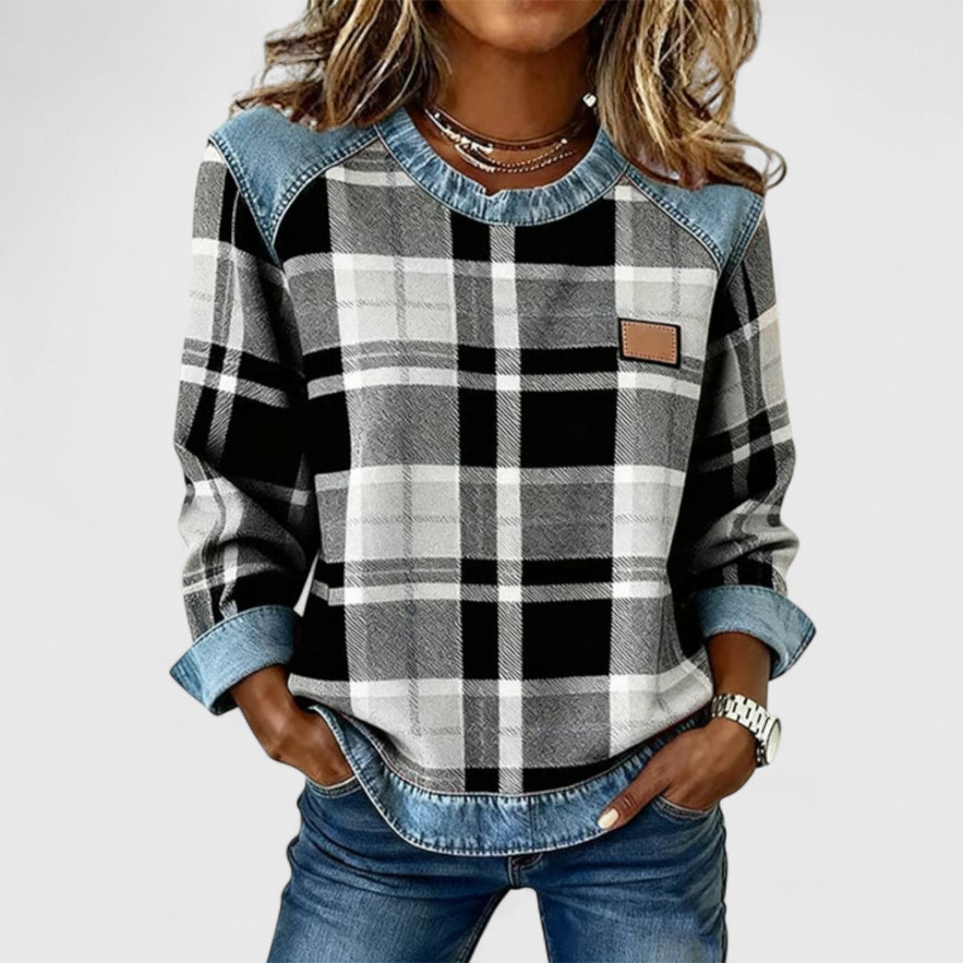 Francey - Maglione caldo a quadri effetto denim