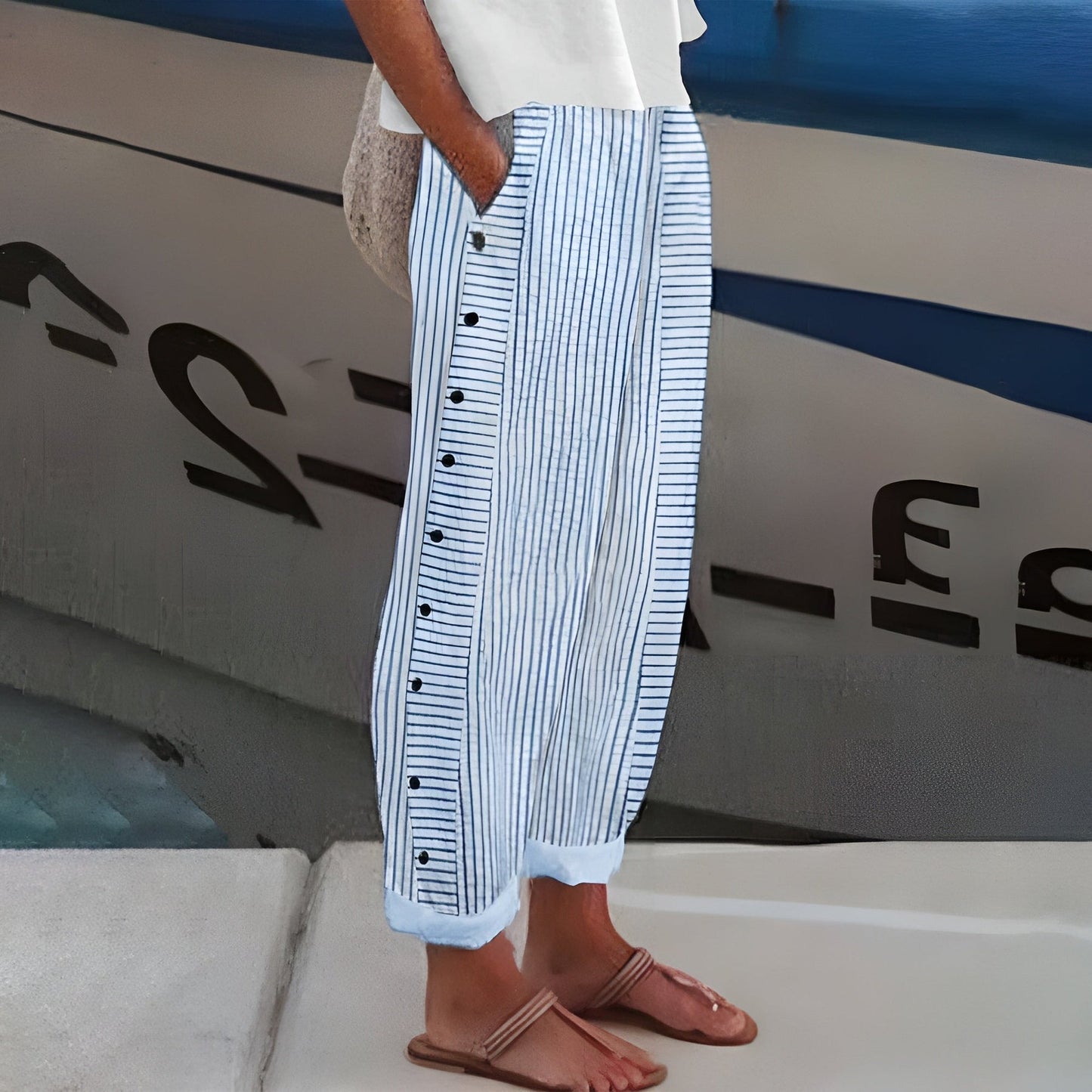 Pantaloni Casual a Righe con Bottoni da Donna