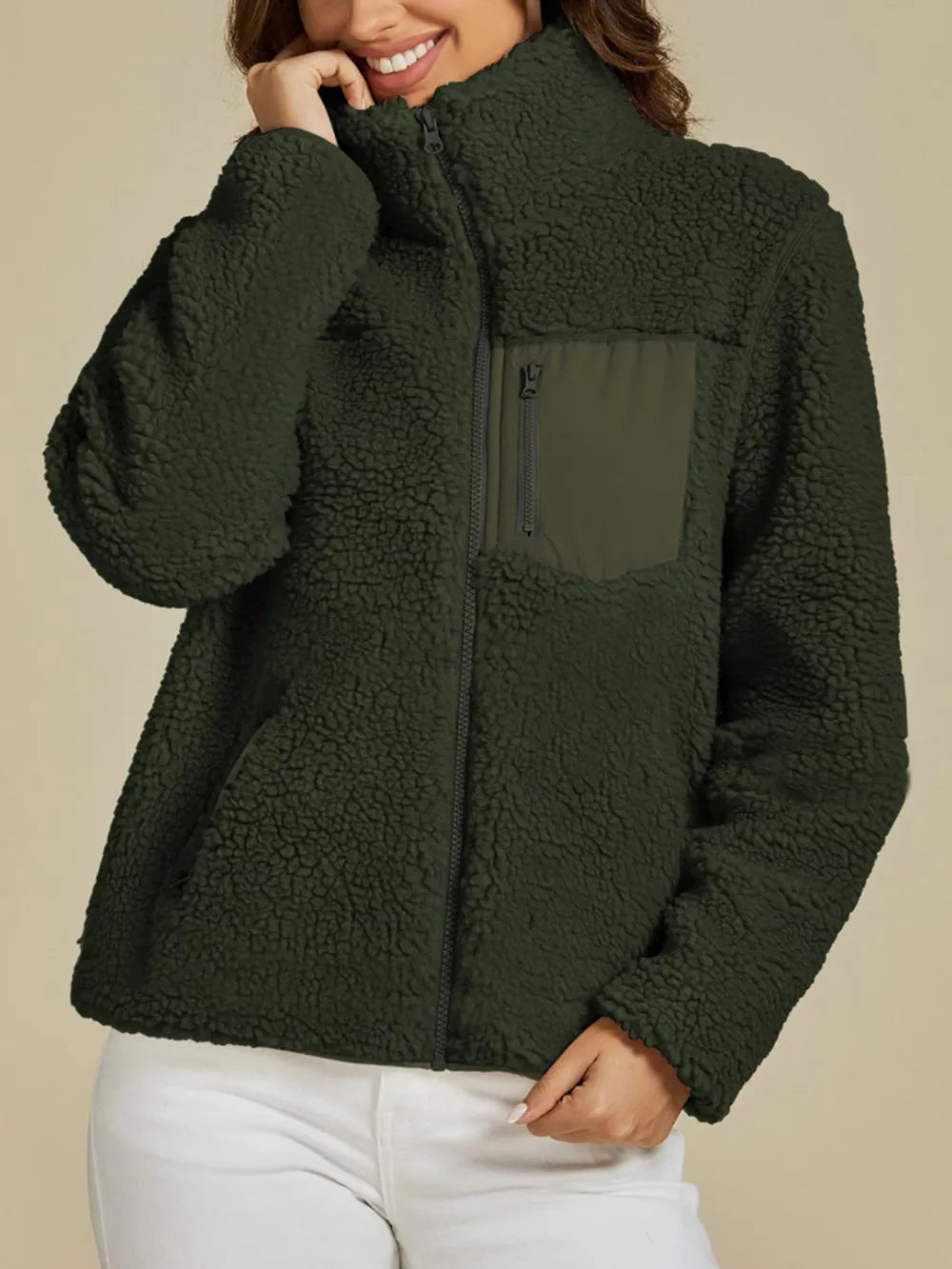 Lavina - Giacca calda in plush con zip e maniche lunghe