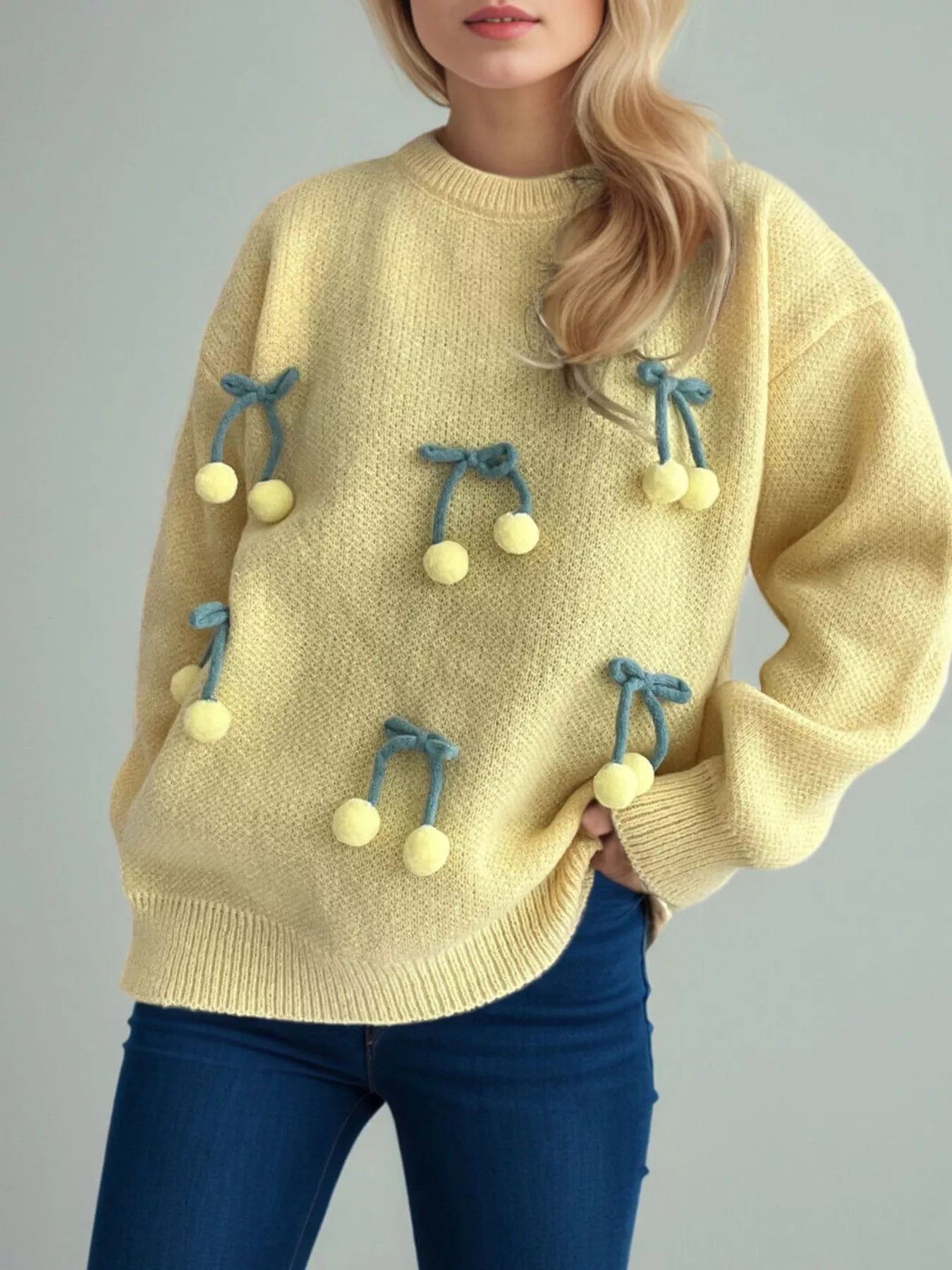 Yareli - Maglione in Maglia Patchwork con Pom-Pom Eleganti