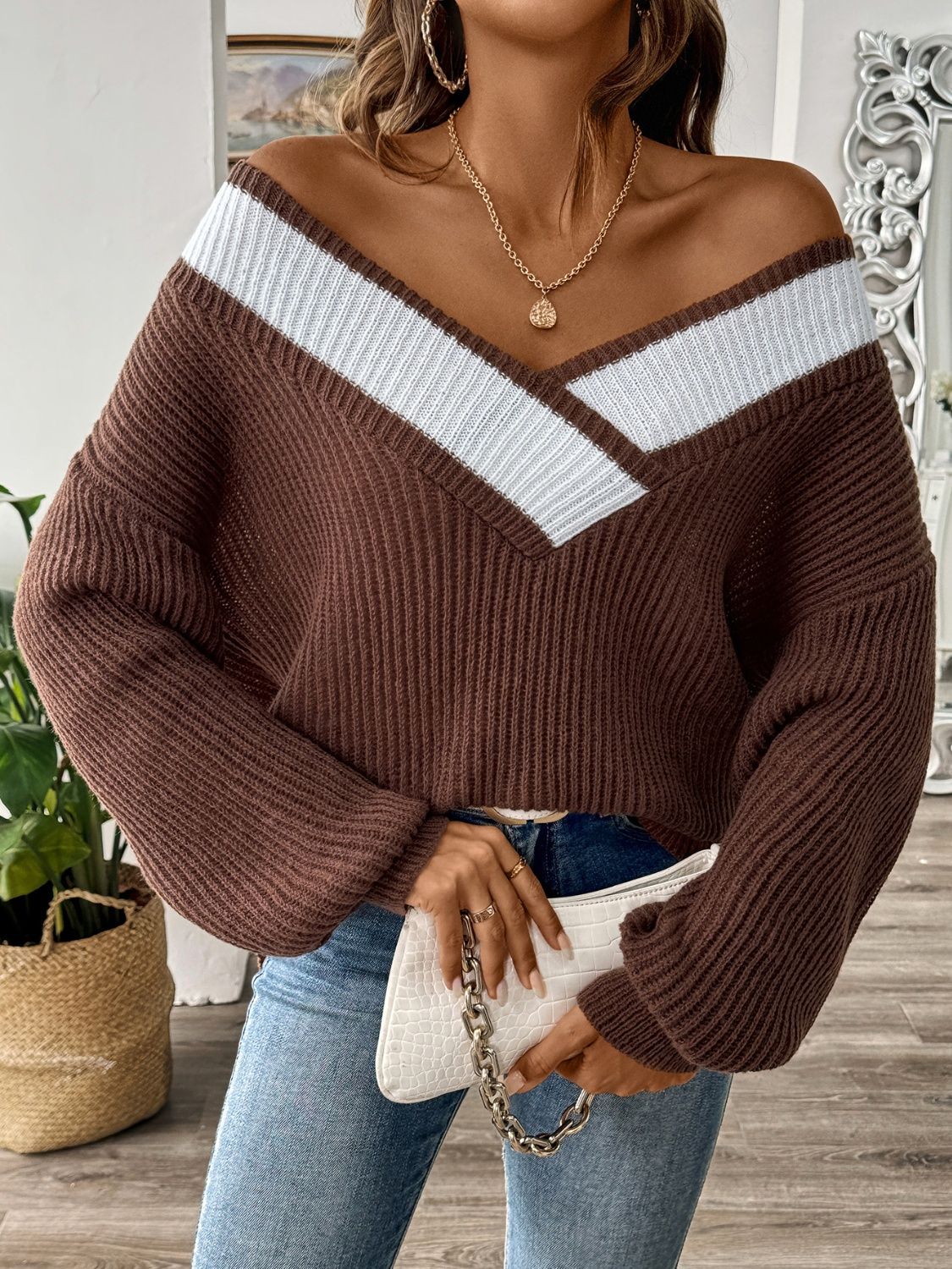 Pearlene - Elegante maglione largo a maniche lunghe con contrasto