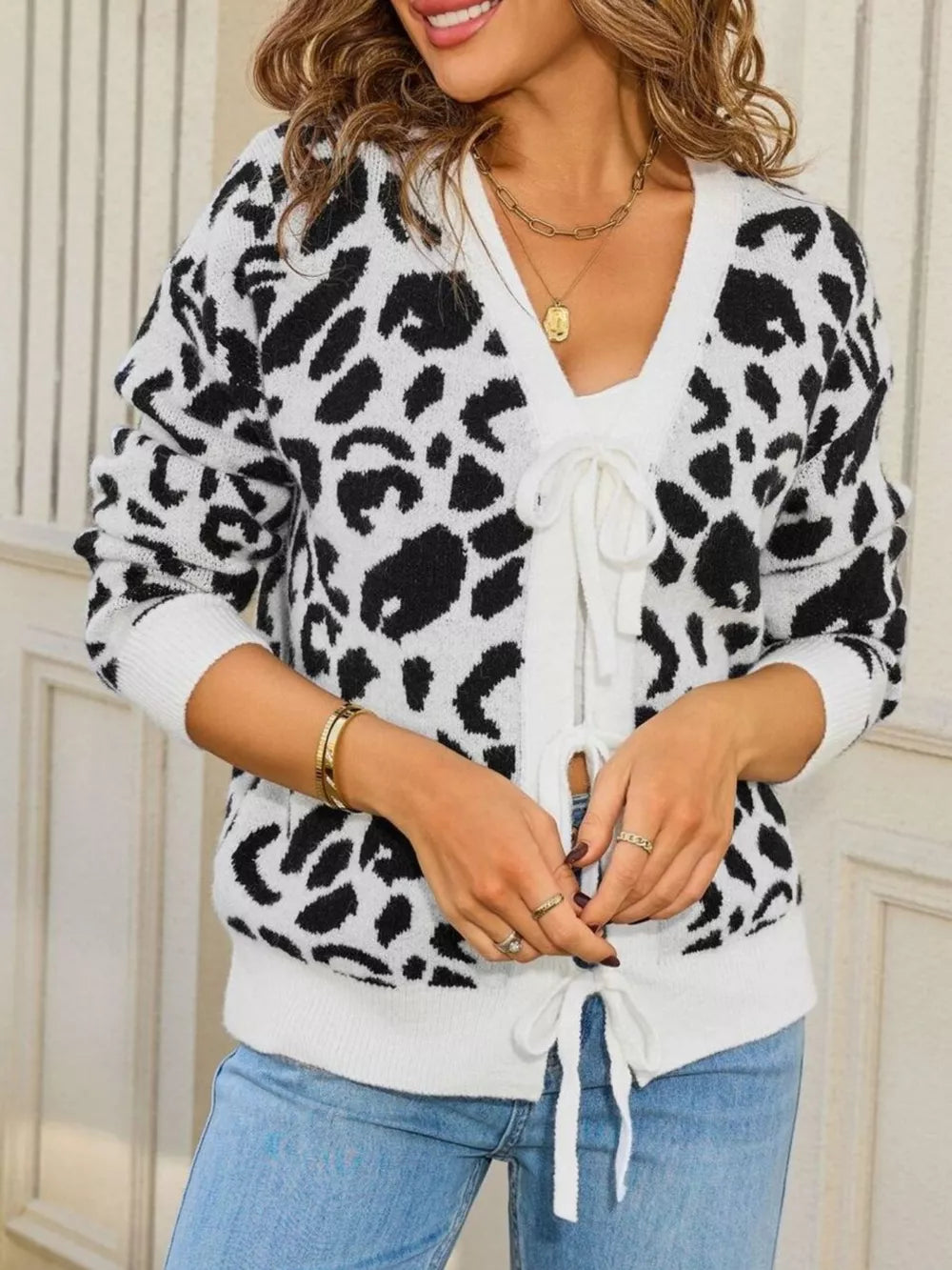 Thesalyn - Cardigan casual leopardato con fiocco frontale