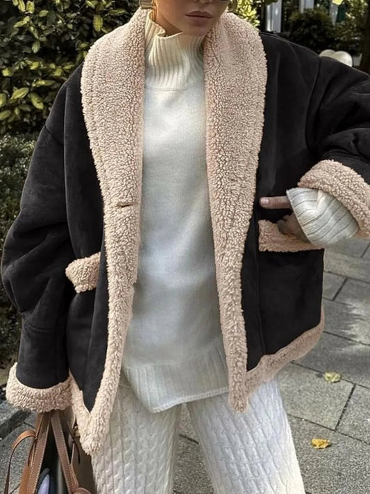 Xamira - Giacca elegante con colletto morbido effetto peluche e maniche lunghe