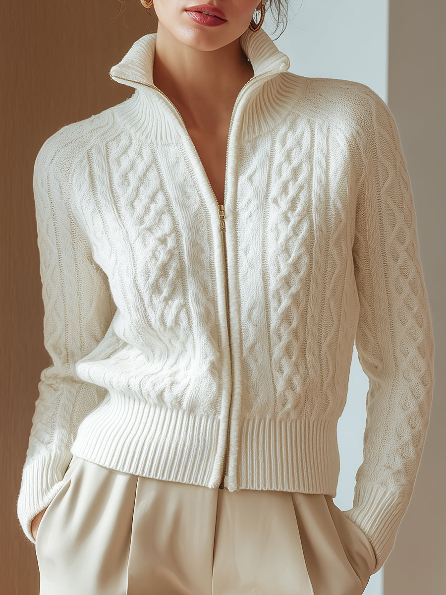 Cardigan Donna in Maglia a Trecce con Zip