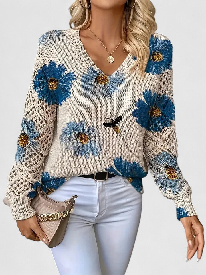 Laryssa - Elegante maglione con motivo floreale ampio e scollo a V