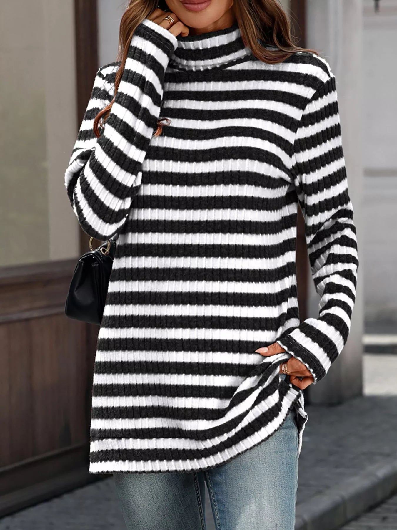 Carmelina - Elegante maglione a maniche lunghe con collo alto a righe