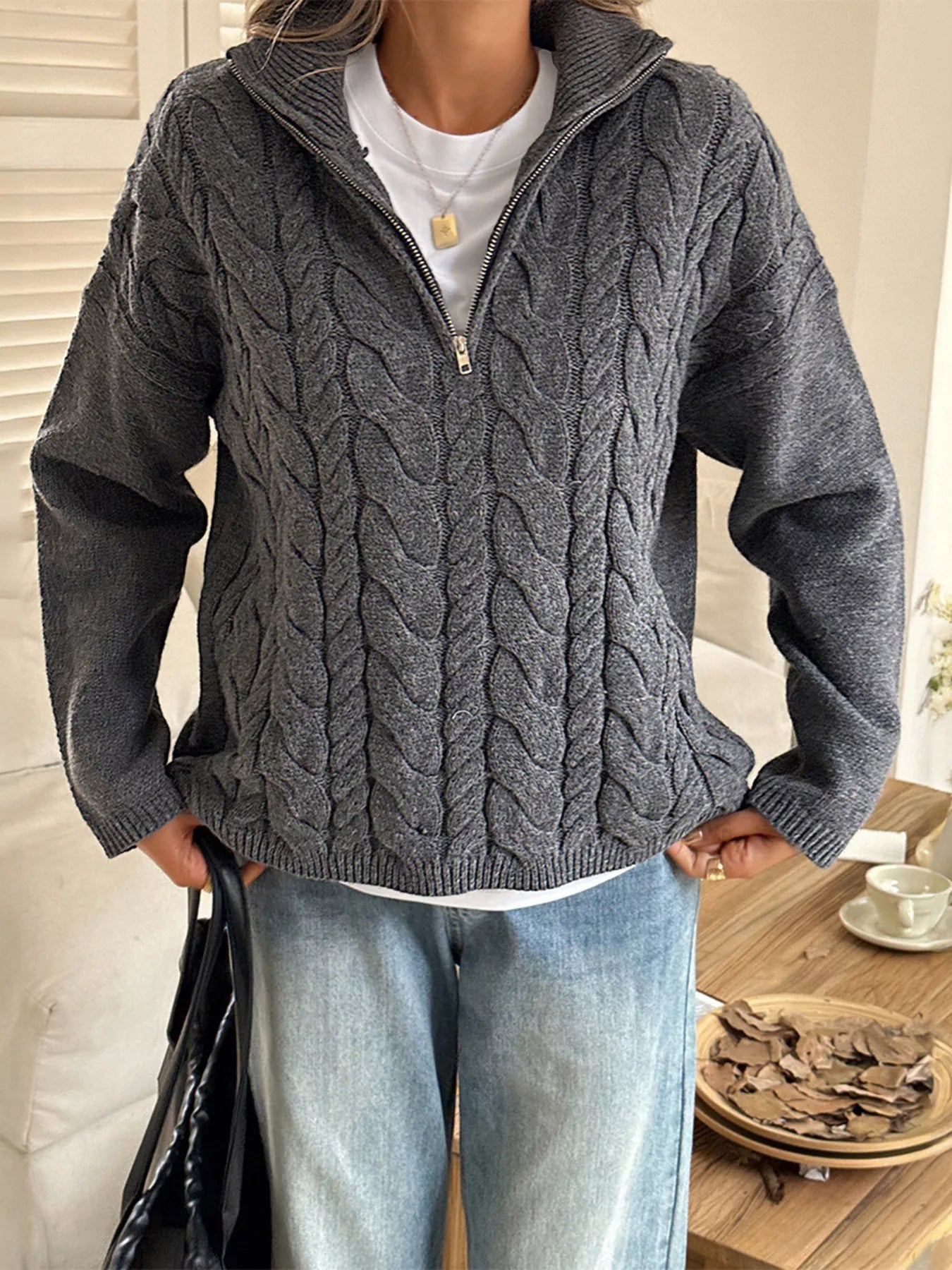 Faith - Elegante maglione caldo intrecciato con mezza zip