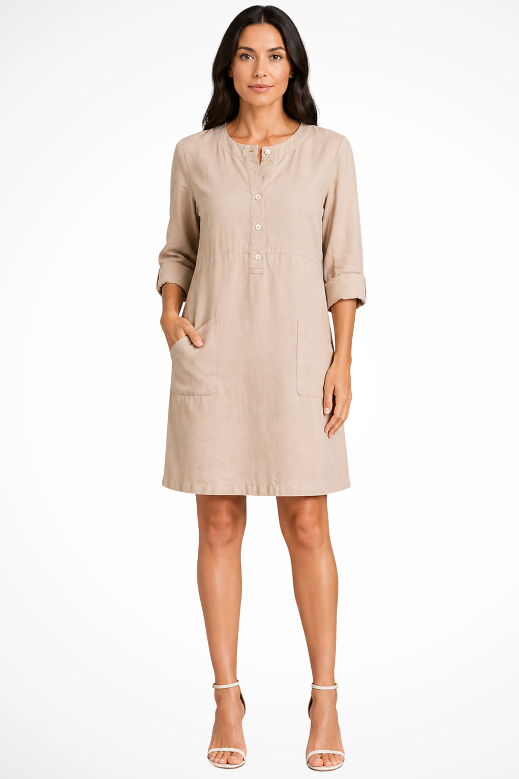 Abito Chemisier in Lino con Maniche Lunghe da Donna