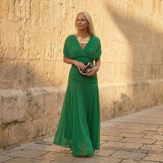 Abito Midi Elegante da Donna in Chiffon Verde Intenso con Portafoglio