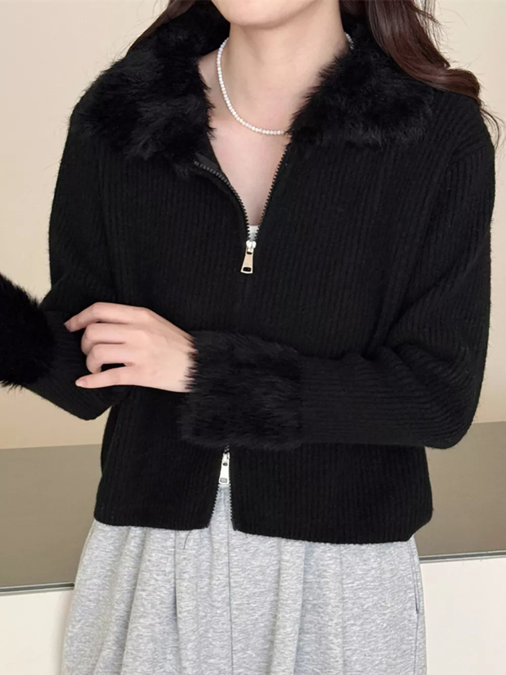 Rilynn - Cardigan elegante con zip a coste e bordi soffici