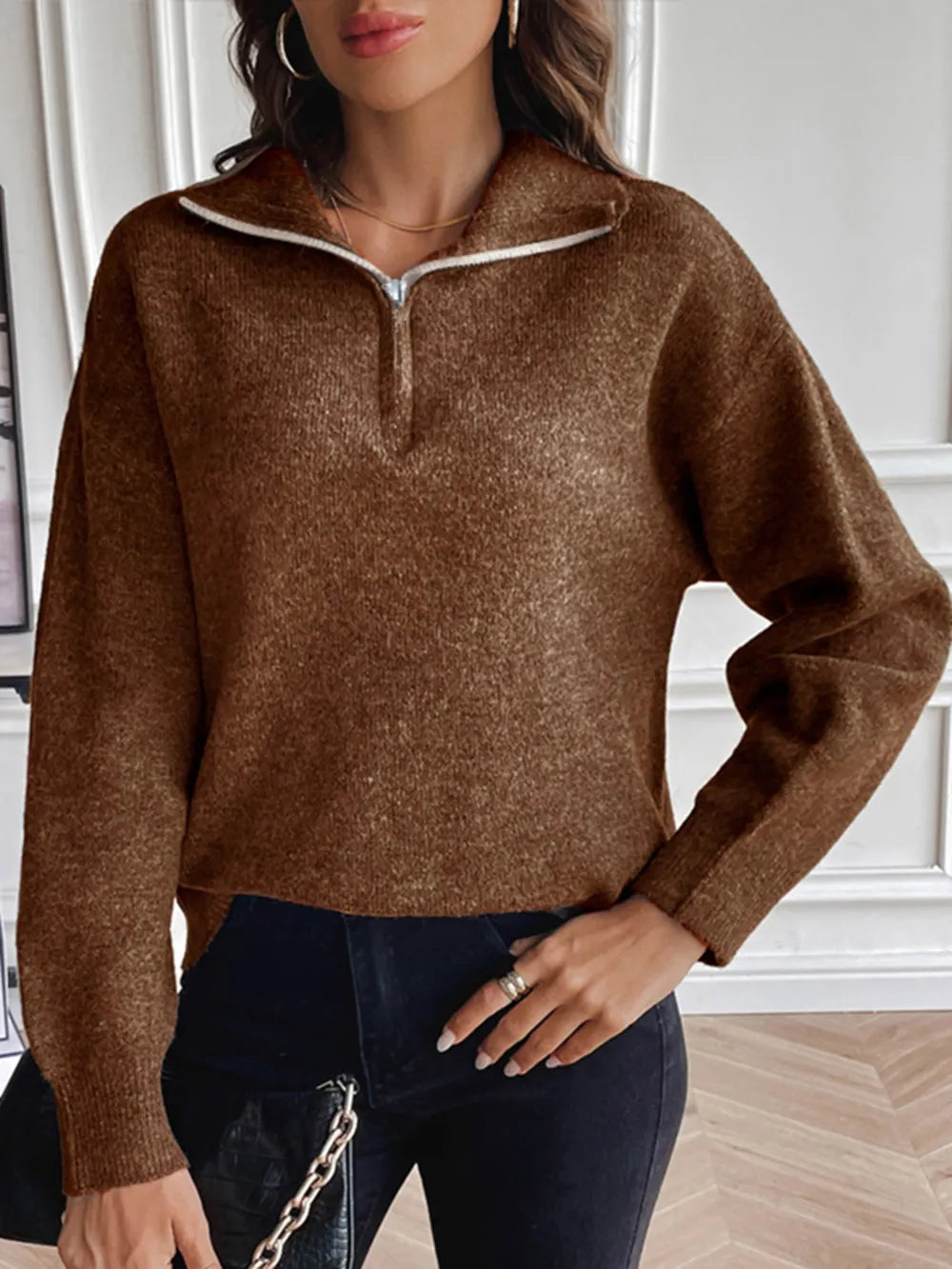 Amethyst - Maglione casual ampio con zip a un quarto