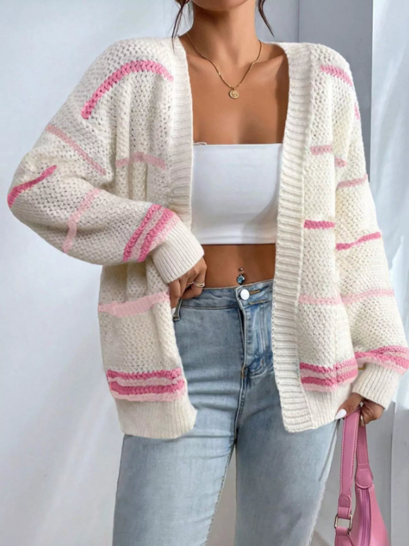 Lucianna - Cardigan aperto a righe lavorato a maglia