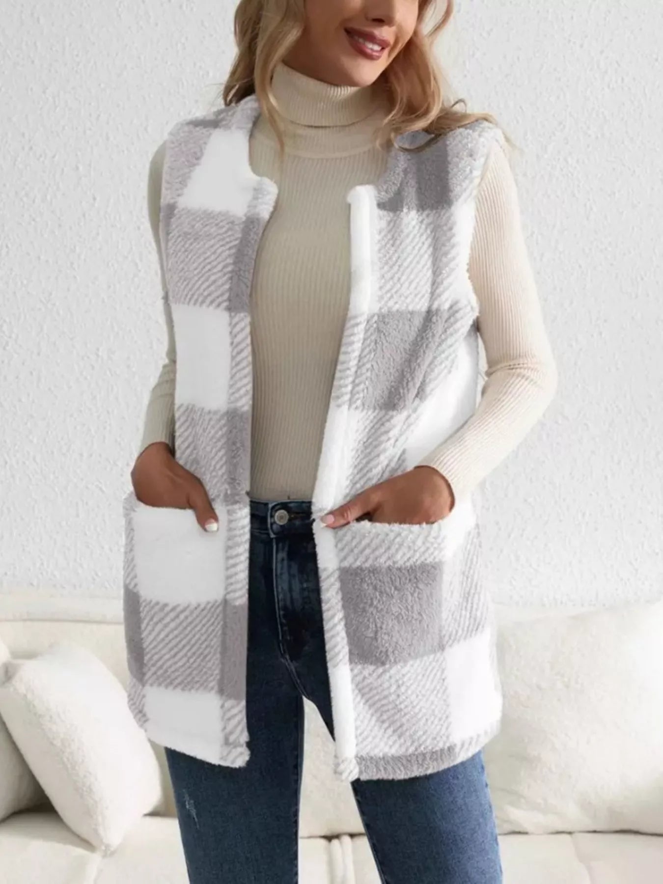 Tinsley - Gilet cappotto in pile scozzese, caldo e accogliente