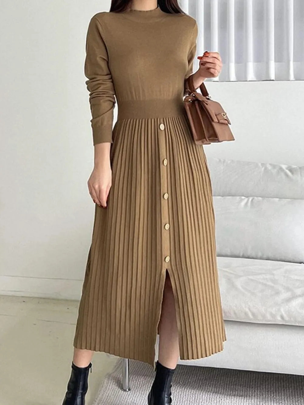 Sylvaine - Abito maglia elegante a collo alto con spacco frontale