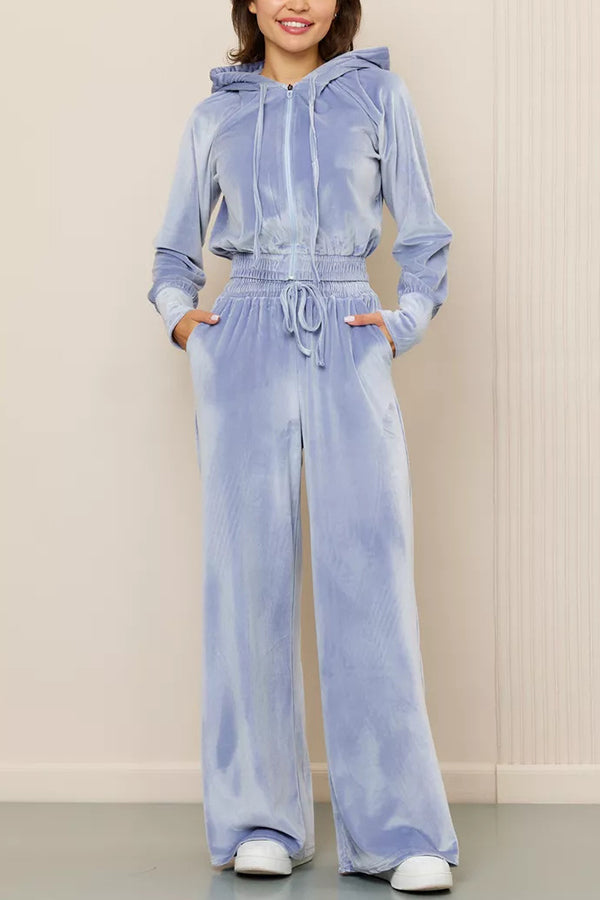 Daleyza - Set elegante in velluto con giacca corta con zip e pantaloni a gamba dritta