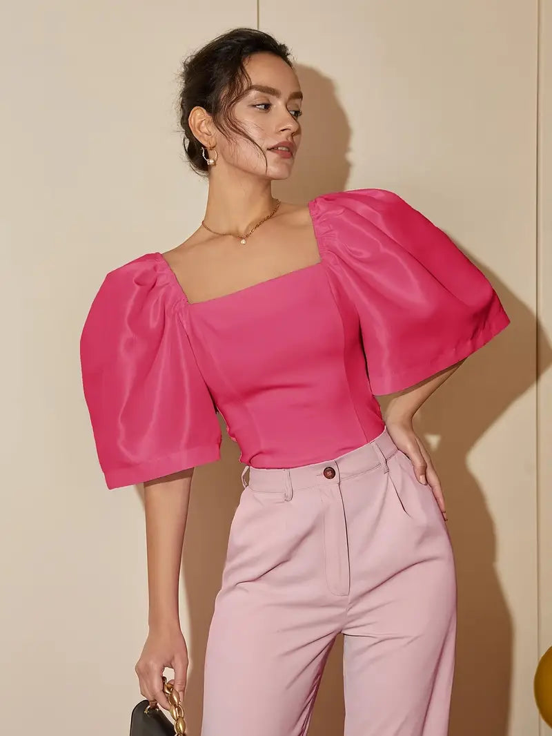 Elsie - Elegante top con maniche a sbuffo e scollo quadrato