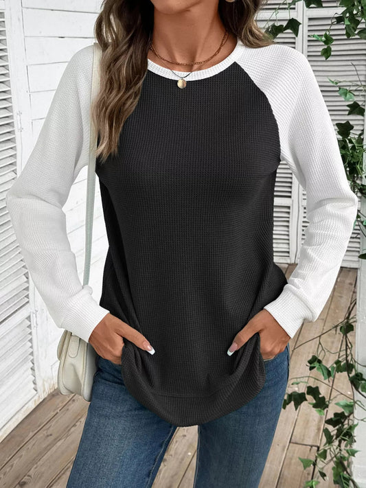 Freyja - Felpa elegante in maglia waffle con maniche raglan