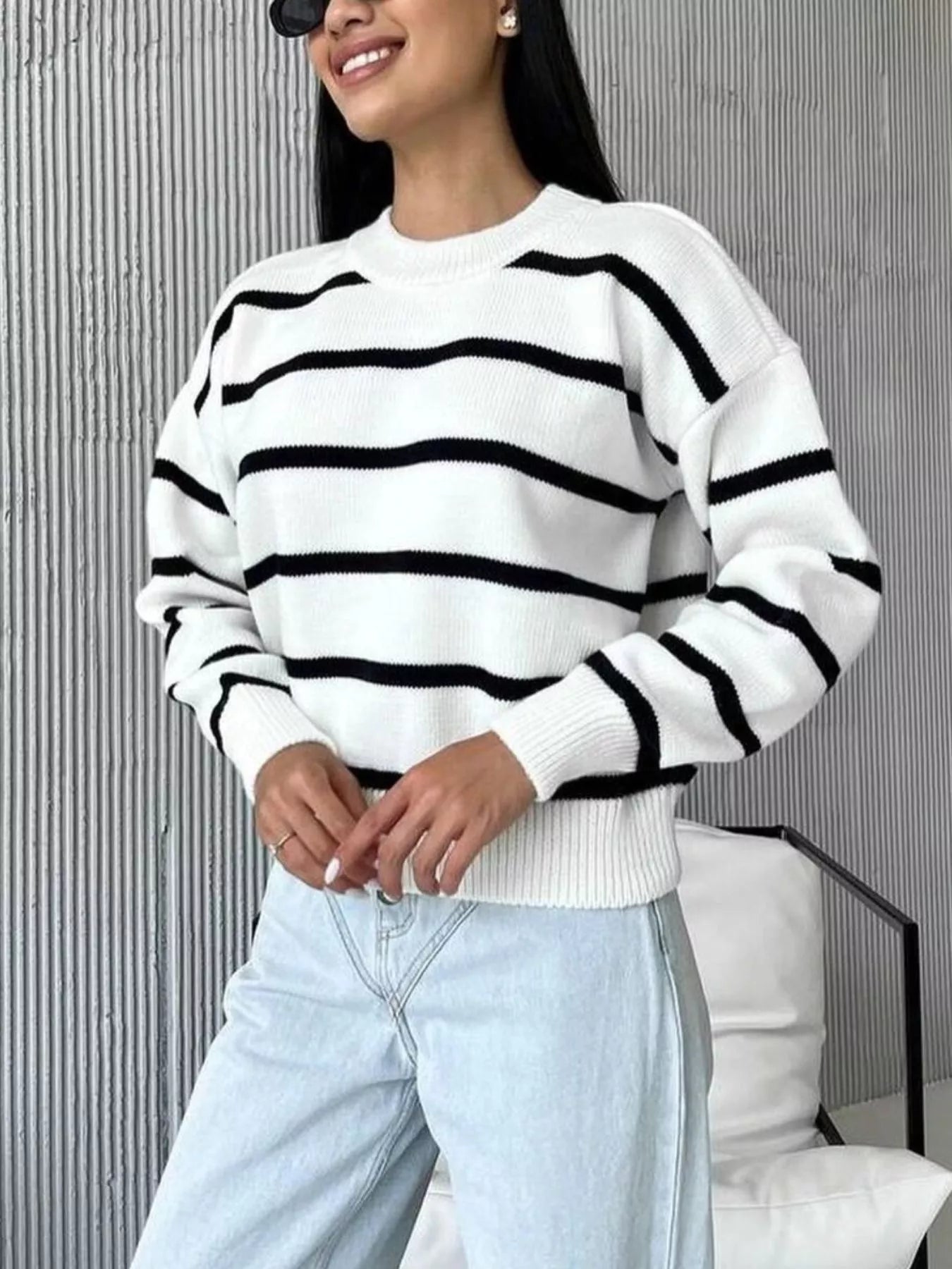 Dulce - Maglione casual a righe oversize con scollo rotondo
