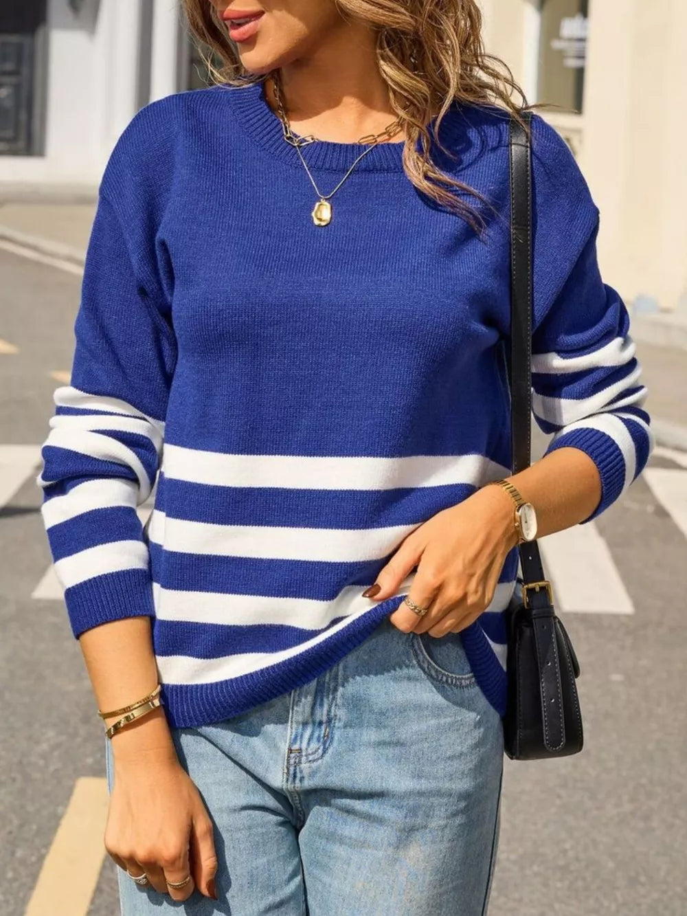Keisha - Maglione con scollo rotondo e bordino a righe