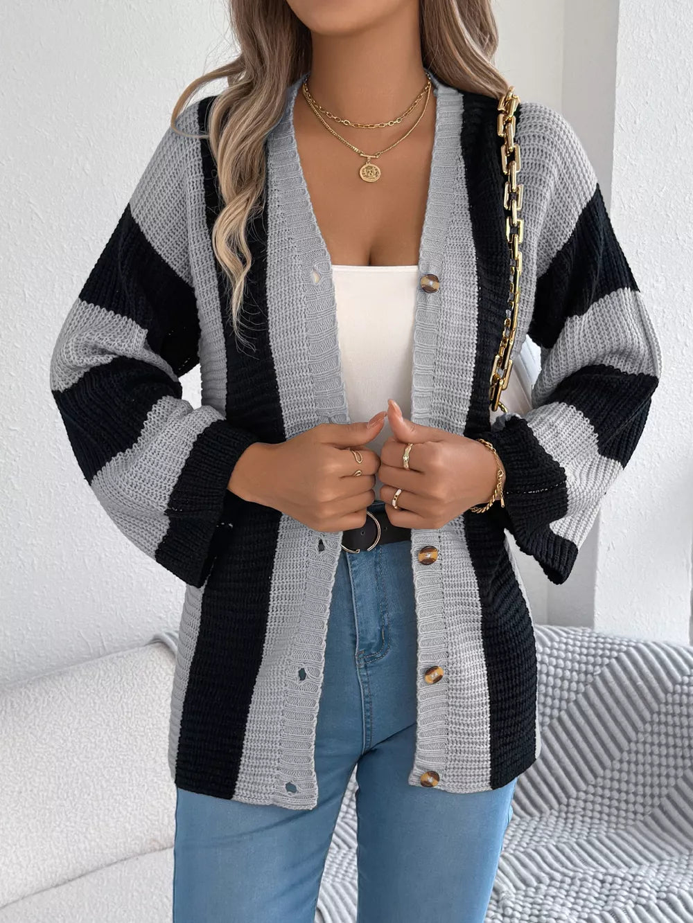 Zyla - Cardigan con bottoni a righe color block elegante
