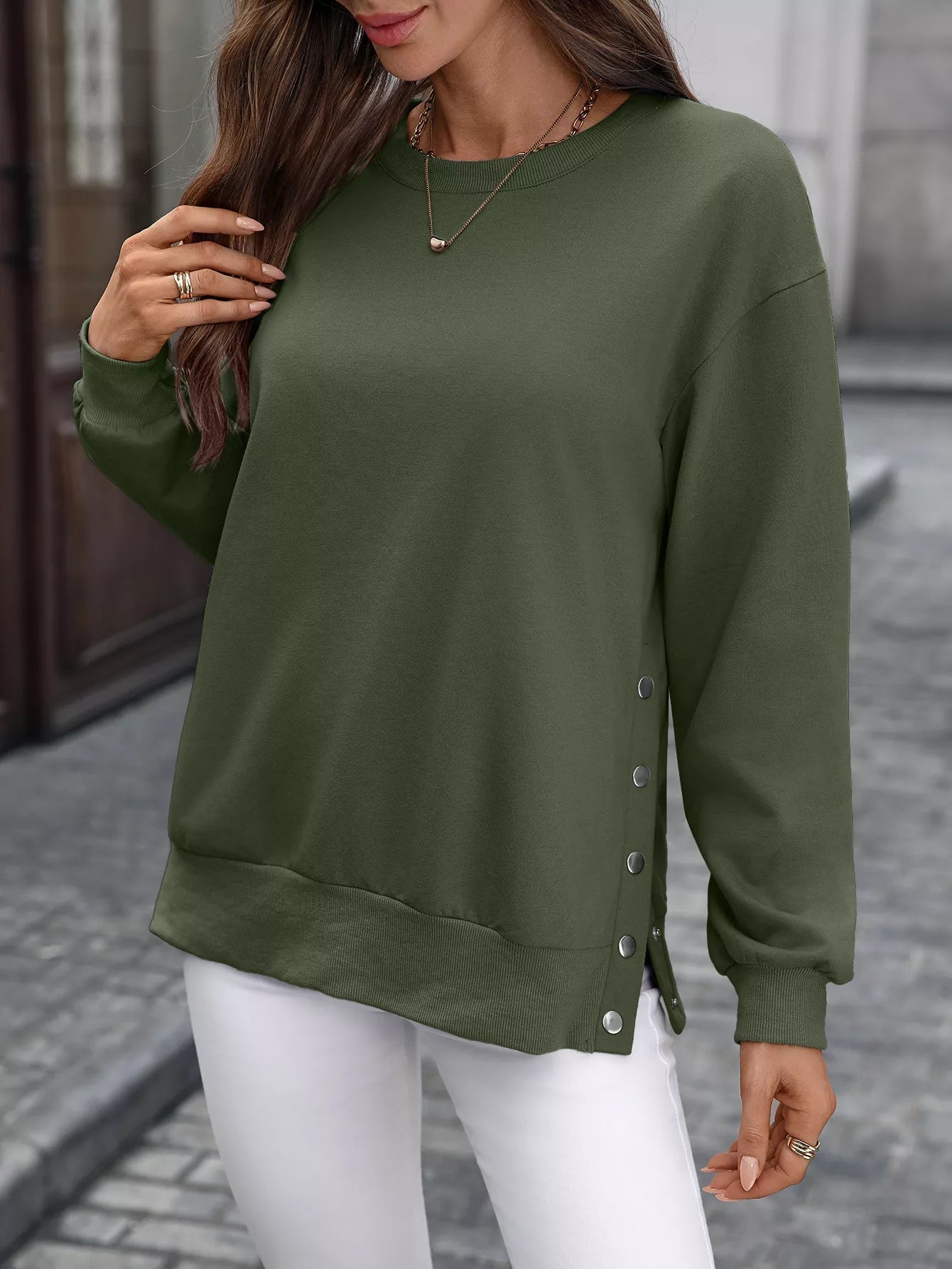 Zabina - Maglione casual e ampio con bottoni laterali da donna