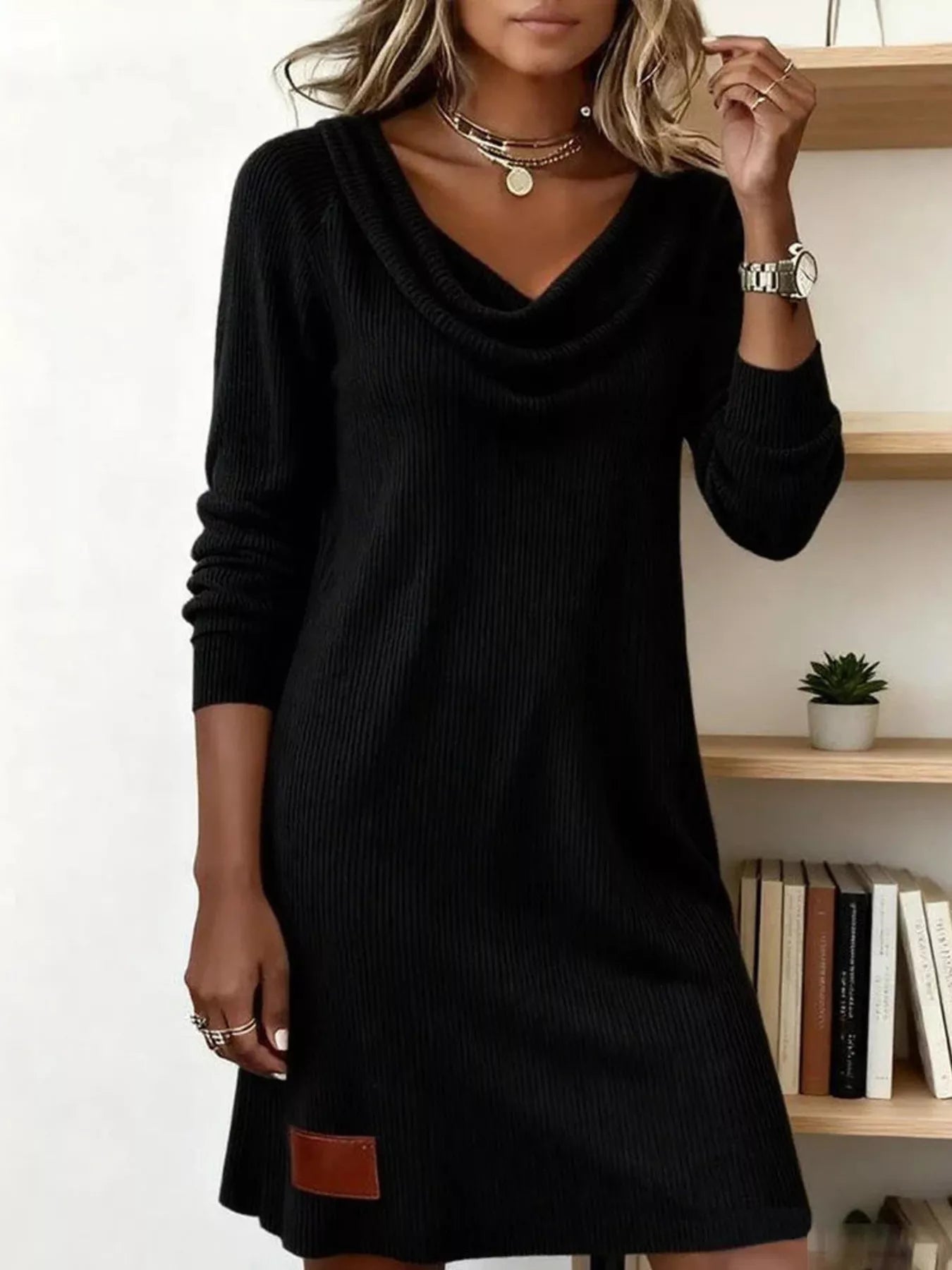 Aicelle - Abito mini casual in maglia a coste con collo morbido e maniche lunghe