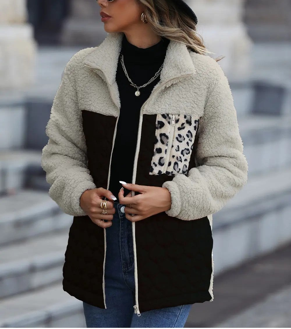 Yvessa - Giacca calda leopardata color block con zip