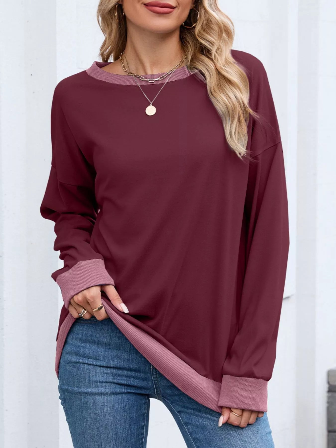 Danette - Felpa casual a maniche lunghe con bordi a contrasto